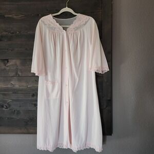 Vintage ShadowLine Nightgown Robe Large ‎ Baby Pink Satin Nylon 3/4 Sleeves Lace